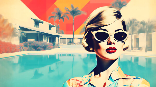 Fashion woman retro style. Travel collage , pop art. Post processed AI generated image