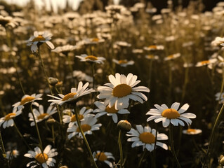 Blossom field of daisy in sunrise closeup. Sunny bloom floral meadow on blur background. Generative AI
