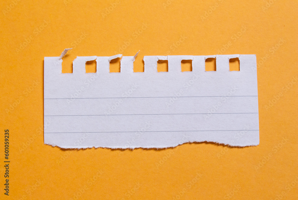 Poster ripped lined notebook paper on orange background with copy space.