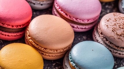 Fototapeta na wymiar Colorful French macaroon cookies background. Selective focus. AI generated