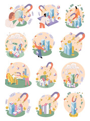 Huge magnet attracts money lying on skyscraper. Income from sale or rental of real estate, capital investment. Start earn money. Gold coins pile. Financial success, profit, investment in immovables