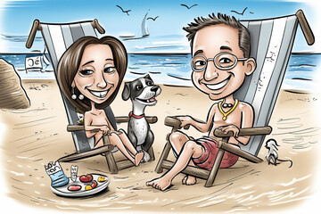 Couple with a dog relaxing on a beach, caricature style drawing. Generative AI - obrazy, fototapety, plakaty