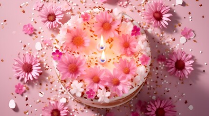 Fototapeta na wymiar Pink birthday cake decorated with colorful flowers