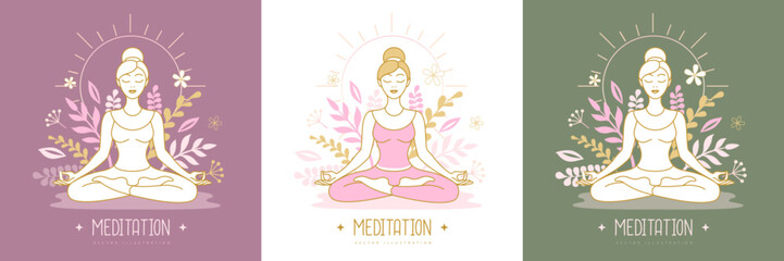 Fototapeta na wymiar Woman meditation in lotus position with floral elements. Vector illustration