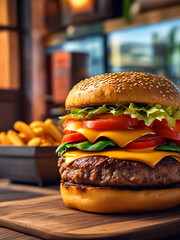 tasty delicious cheeseburger with salad melted cheese and tomatoes laying on a wooden table with blurry restaurant background and fries in back, generative AI - obrazy, fototapety, plakaty