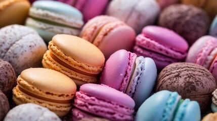 Fototapeta na wymiar Colorful French macaroon cookies background. Selective focus. AI generated