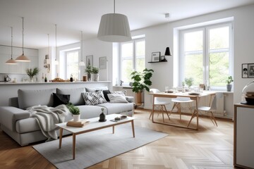 Fototapeta na wymiar Scandinavian-style living room on cozy home decor elements, light colors and natural wood accents.