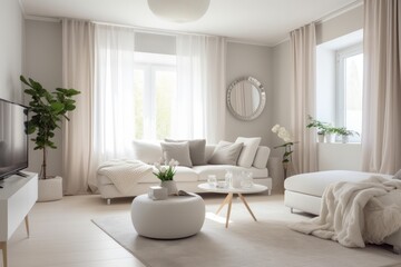 Fototapeta premium An interior design concept for cozy home in Scandinavian style, light colors and wood decor