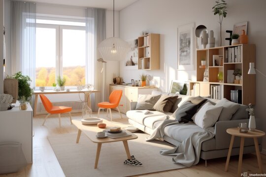 A cozy home interior design in Scandinavian style, light colors and wood decor elements