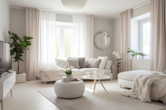 An interior design concept for cozy home in Scandinavian style, light colors and wood decor