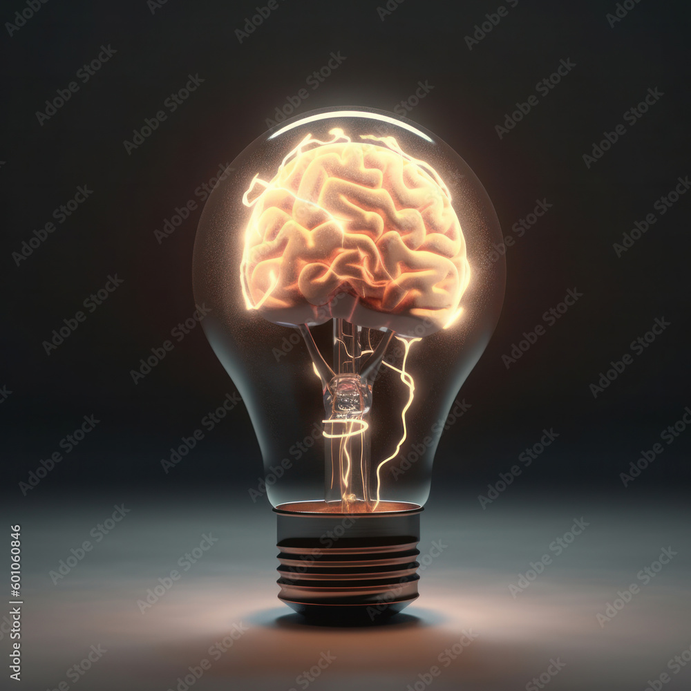 Poster brainpower and creativity come together in a conceptual light bulb with a glowing brain inside, symb