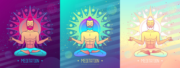 Set of colorful men meditation in lotus position at the sun dawn. Sun astrology sign. Vector illustration
