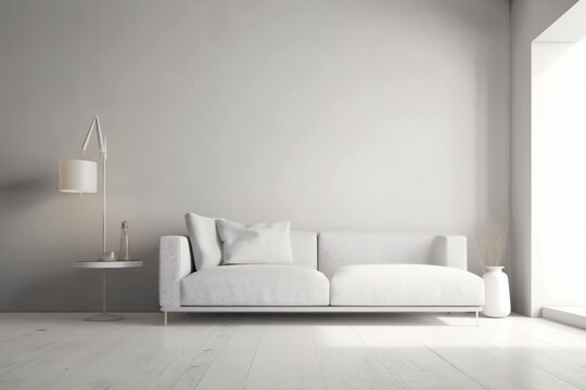 interior lounge trendy comfortable space lamp living grey carpet style luxury white. Generative AI.