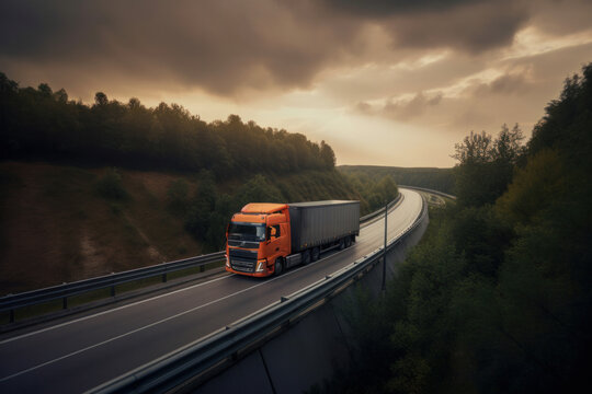 A semi truck roars down the highway at sunset, delivering goods and materials to businesses and consumers. A crucial part of the economy. Generative AI.