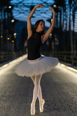 classical ballerina posing artistically at nightfall with her arms raised and resting all her...
