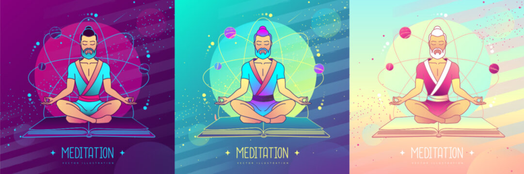 Set of colorful men meditation in lotus position on outer space background. Vector illustration