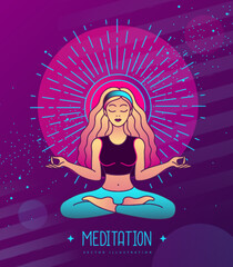 Young woman meditation in lotus position at the sun dawn. Sun astrology sign. Vector illustration