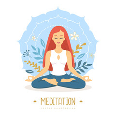 Fototapeta na wymiar Woman meditation in lotus position with floral elements and mandala. Vector illustration