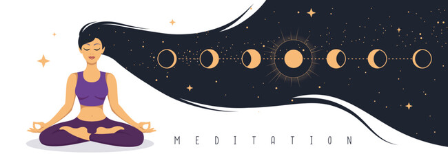 Woman meditation with Solar System inside long hair. Magic witchcraft astrology background. Vector illustration - obrazy, fototapety, plakaty