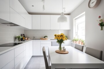 Fototapeta na wymiar minimalist kitchen design with dining area, beauty Scandinavian style functionality and simplicity