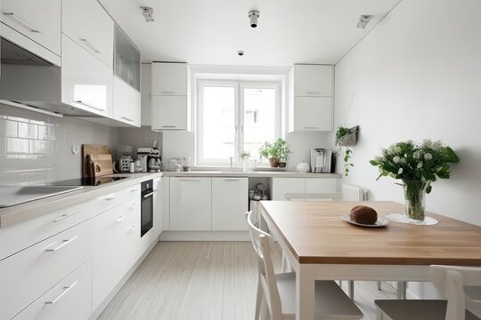 interior design white kitchen with a wooden board and dining area, simplicity of Scandinavian style