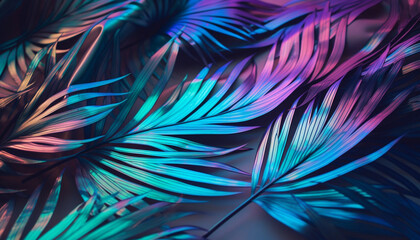 Holographic iridescent tropical leaves, Generative AI