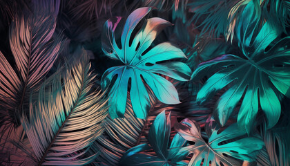 Holographic iridescent tropical leaves, Generative AI