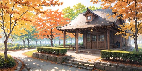 Obraz premium anime style autumn japanese temple chinese temple ancient landscape fall maple culture, generative ai, generative, ai