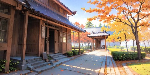 anime style autumn japanese temple chinese temple ancient landscape fall maple culture, generative ai, generative, ai