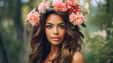 Naklejka premium Portrait of a beautiful woman with flowers in her hair
