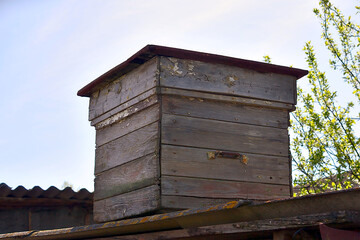 Fototapeta na wymiar the old beehive on the roof of the barn