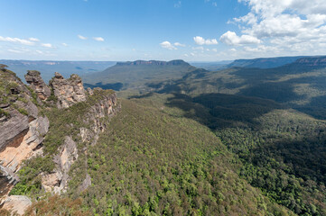 Blue Mountains in Sydney, Australia. Cloudy Blue Sky and Shadows, Wide Angle.