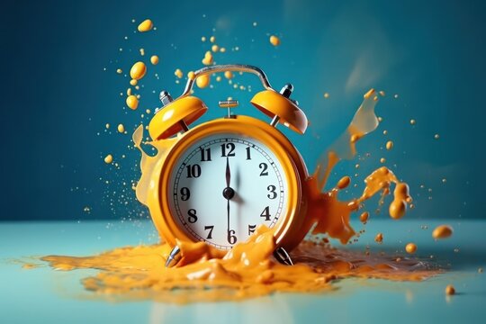  time concept, vintage alarm clock exploding with paint splashes, vibrant yellow and blue colors