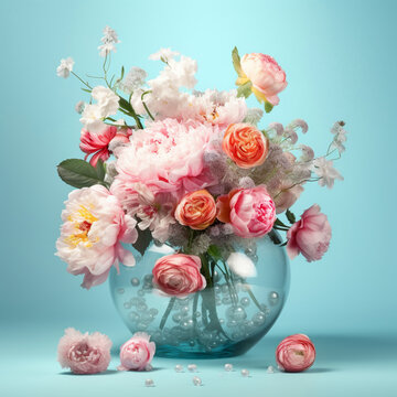 AI: spring peonias and roses in pastel colors in a round transparent vase with water baubles on light blue background. Romantic bouquet or composition for cards, prints, invitation, announcement