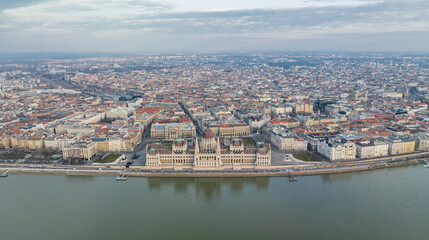 Fototapeta na wymiar The Best of Budapest Aerial View of Hungarian Parliament Building and Danube River in Cityscape from a Drone Point of View