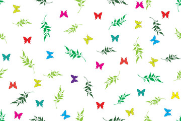 Illustration, Multi color Buttery with leaves on white background.