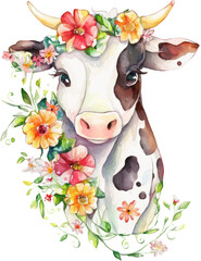 cow with flowers watercolor isolated
