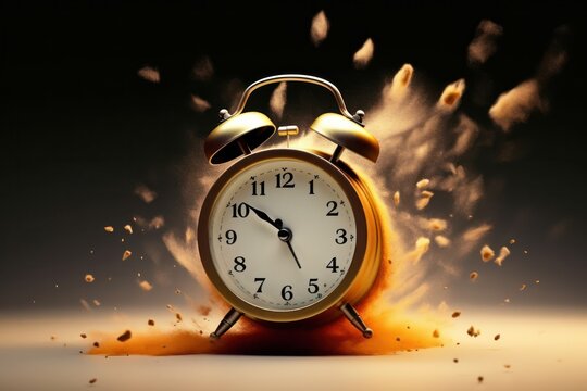 wake-up concept, vintage alarm clock ringing and exploding into dynamic fragments dust