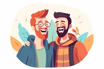 funny cheerful gay couple cartoon characters hugging laughing smiling looking to camera