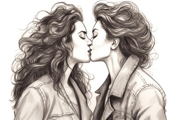 black and white lesbian kiss two woman in love hand drawn illustration. lgbtq community pride month - obrazy, fototapety, plakaty
