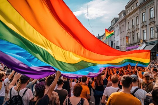 big crowd of people cheerful walking on pride lgbtq parade with big colorful rainbow flag