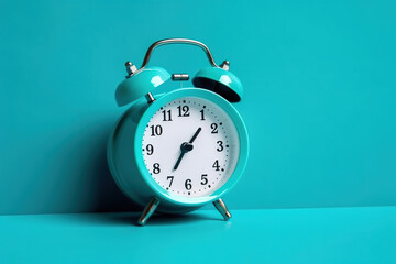 Naklejka premium blue alarm clock on a blue background with copy space. Created with Generative AI Technology