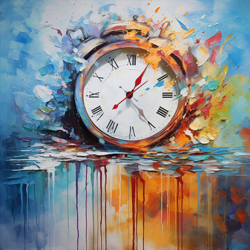 an abstract painting of an alarm clock in different colors
