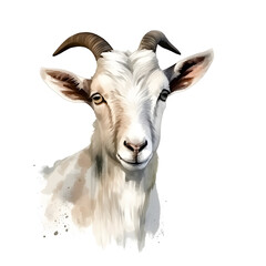 white goat portrait isolated on white background. Watercolor. Illustration. Sample. Close-up. Clip art. Drawn by hand.