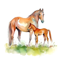 Brown horse and foal in a pasture, watercolor painting on textured paper. Digital watercolor painting - obrazy, fototapety, plakaty