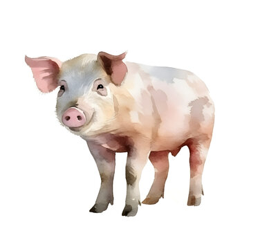 Watercolor cute pig isolated on white background. Hand drawn pig illustration.