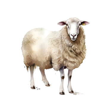white Sheep, hand-drawn, watercolor technique. On a white background, isolated object