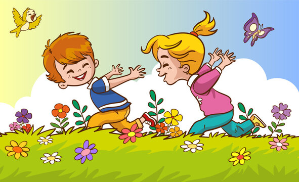 cute kids having fun running on the grass cartoon vector