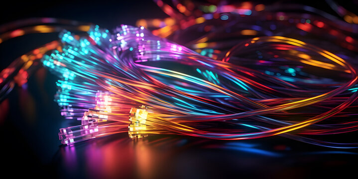 Multicolored electric cables and led, optical fiber background for technology image and new business trends, AI generated