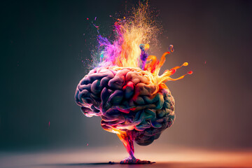 concept of a human brain full with creativity, shows multiple colors and action - generative ai image - obrazy, fototapety, plakaty
